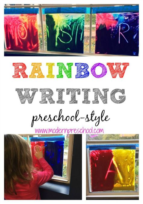 Window writing practice & mixing primary colors in preschool! {Modern Preschool} Writing Eyfs, Preschool Color Theme, Modern Preschool, Writing Preschool, Writing Center Preschool, Spring Kids Activities, Mixing Primary Colors, Window Writing, Number Writing