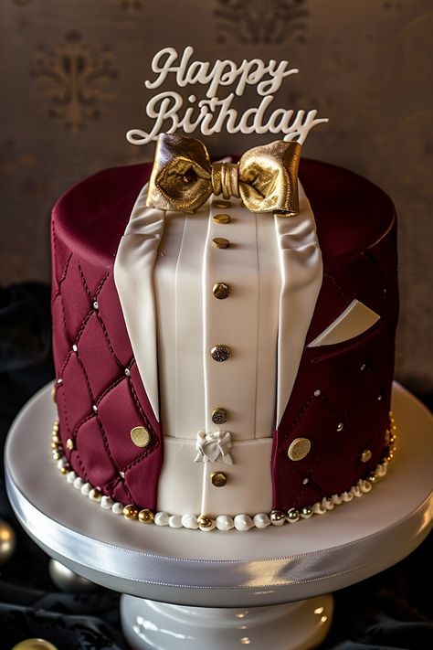 Sophisticated Burgundy Tuxedo Birthday Cake Ideas for Men Groomsman Cake Ideas, Mens Cake Design, Tuxedo Cake Design, Men's Cakes Birthday, Happy Birthday Cake Aesthetic, Birthday Cake Designs For Men, Unique Birthday Cake Ideas For Men, Men's Birthday Cake Ideas, Men’s Birthday Cake