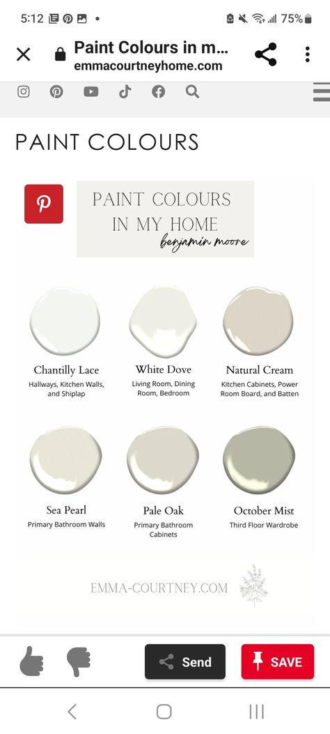 Bm Sea Pearl Paint, White Dove And Natural Cream, Natural Cream And White Dove, Sea Pearl Paint, Shiplap Room, Exterior Paint Color Combinations, Painted Brick House, Cream Living Rooms, Cabinet Paint