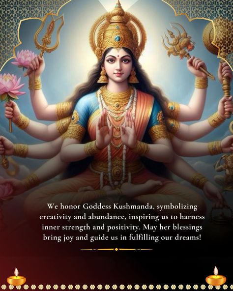 On day four of Navratri we honour Goddess Kushmanda, the symbol of strength and positivity! Goddess Kushmanda, Symbol Of Strength, Symbols Of Strength, Inner Strength, Bring It On, Quick Saves