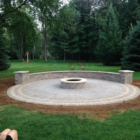 fire pit with seating Cement Fire Pit Area, Fire Pit With Seating, Retention Wall, Lake Backyard, Outdoor Nook, Paver Fire Pit, Outdoor Fire Pit Seating, Outdoor Fire Pit Area, Deck Remodel