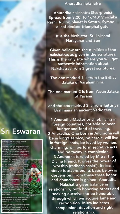 Anuradha nakshatra  Anuradha nakshatra (Scorpionis) Spread from 3:20’ to 16”40’ Vrischika Rashi. Ruling planet is Saturn, Symbol – a leaf-decked triumphal gate.  It is the birth star  Sri Lakshmi Narayanar and Sun  Given bellow are the qualities of the nakshatras as given in the scriptures. This is the only site where you will get authentic information about Nakshatras from 3 great scriptures.  The one marked 1 is from the Brihat Jataka of Varahamihira.  The one marked 2 Is from Yavan Jataka of Shatabisha Nakshatra, Anuradha Nakshatra, Saturn Symbol, Sidereal Astrology, Birth Stones, Hindu Mantras, Devotional Quotes, Sacred Symbols, Krishna Quotes