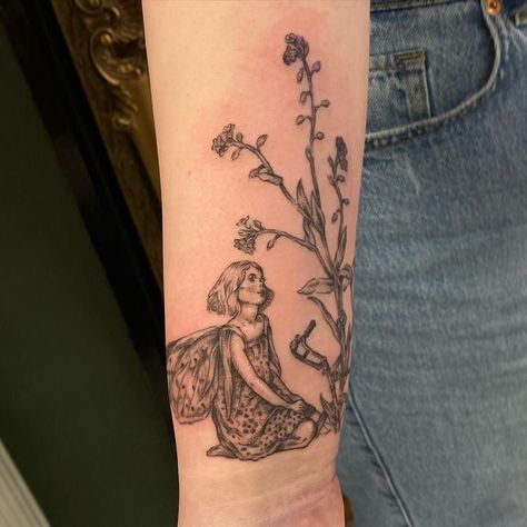 Cicely Mary Barker Flower Fairy Wrist Tattoo Flower Fairies Tattoo, Fairies Tattoo, Enchanted Tattoo, Nature Tattoo Ideas, Whimsical Tattoos, Cool Nature, Garden Tattoos, Fairy Tattoo Designs, Nature Tattoo