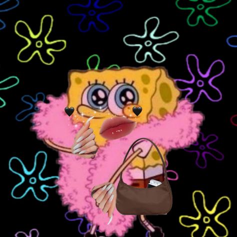 Baddie Sponge bob has a purse and fake nails with a baddie filter and airpods. Slay Spongebob, Baddie Squidward, Mood Pics Baddie, Bob Baddie, Baddie Cartoon Characters, Baddie Spongebob, Preppy Spongebob, Funny Cartoon Pics, High Spongebob