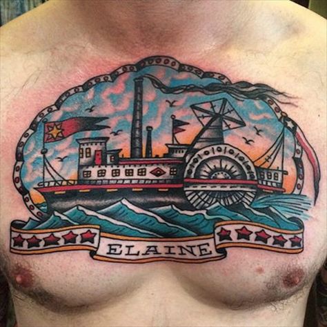 Steamboat Tattoo, Dan Santoro, Chest And Back Tattoo, Traditional Ship Tattoo, Boat Tattoo, Ship Tattoo, Traditional Tattoo Art, American Traditional Tattoo, Steam Boats