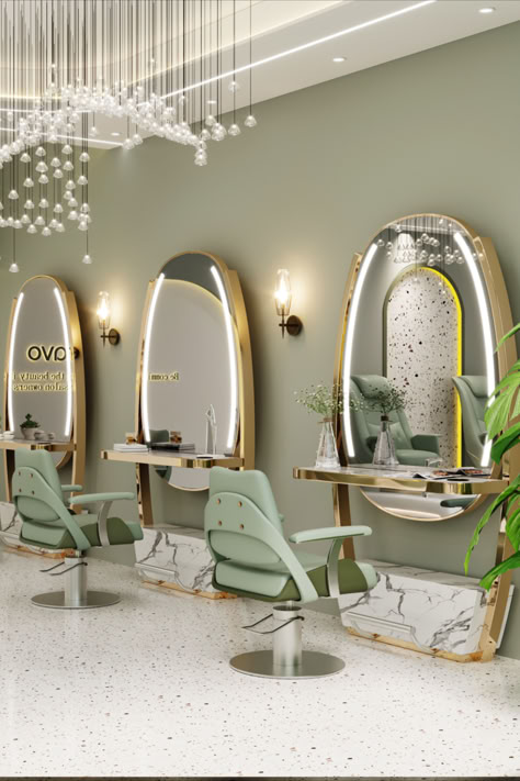 Our vibrant green-themed styling chairs are perfect to meet your space👍with our salon chairs💁‍♀️ Sage Green Salon, Makeup Salon Decor, Parlour Interior, Green Salon, Salon Reception Area, Beauty Salon Ideas, Salon Designs, Styling Chairs, Hair Salon Ideas