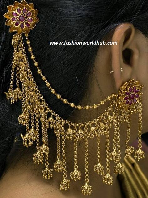 Ever green bahubali ear rings with multi layered chains adorned with jumkhas.For more details :- Sai Jewellery MartContact number :-  80122 86177 Bahubali Jewellery, Piercing Ideas Unique, Unique Piercing Ideas, Bahubali Earrings, Piercing Jewelry Ideas, Unique Piercing, Piercings Ideas, Temple Jewellery Earrings, Bridal Jewellery Inspiration