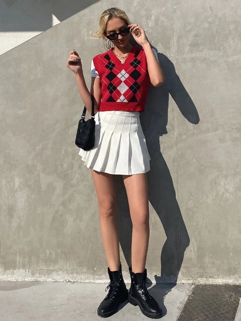 Sweater Vest With Skirt, Vest Skirt Outfit, Vest With Skirt, Crop Sweater Vest, Pattern Sweater Vest, Checkered Vest, Checker Vest, Vest Skirt, Red X