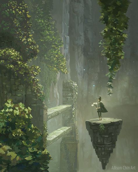 The Grace of Shame by allisonchinart on DeviantArt Overgrown Ruins, Shadow Of The Colossus, Fantasy Art Landscapes, Ancient Ruins, Traditional Paintings, The Grace, Environmental Art, Fantasy Landscape, Art Background