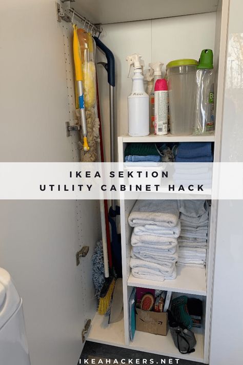 Utility Cabinet to keep cleaning supplies organised. Add a utility cabinet to IKEA 15" SEKTION high cabinet. Laundry Utility Cabinet, Ikea Utility Cupboard, Utility Room Ideas Ikea, Ikea Sektion Cabinets Laundry Room, Ikea Hack Utility Room, Ikea Utility Closet, Ikea Cleaning Closet, Ikea Utility Room Ideas, Cleaning Cabinet Organization