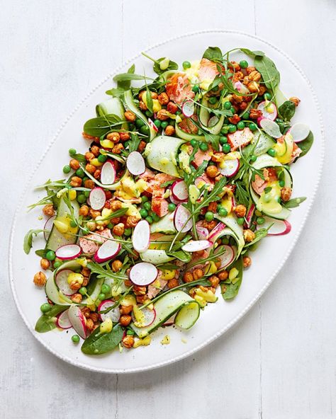 Hot-smoked salmon and crispy chickpea salad | delicious. magazine Hot Smoked Salmon Salad, Healthy Salad Recipes For Lunch, Crispy Chickpea Salad, Salad Recipes For Lunch, Smoked Salmon Platter, Potato Bake Recipe, Crispy Chickpea, Salmon Platter, Flip Furniture