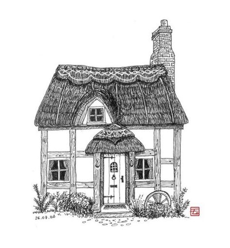 Tudor House Drawing, Cottage Tudor, Radiohead Tattoo, Sketched Art, Irish Cottages, House Drawings, Witches Cottage, House Quilt Patterns, English Cottages