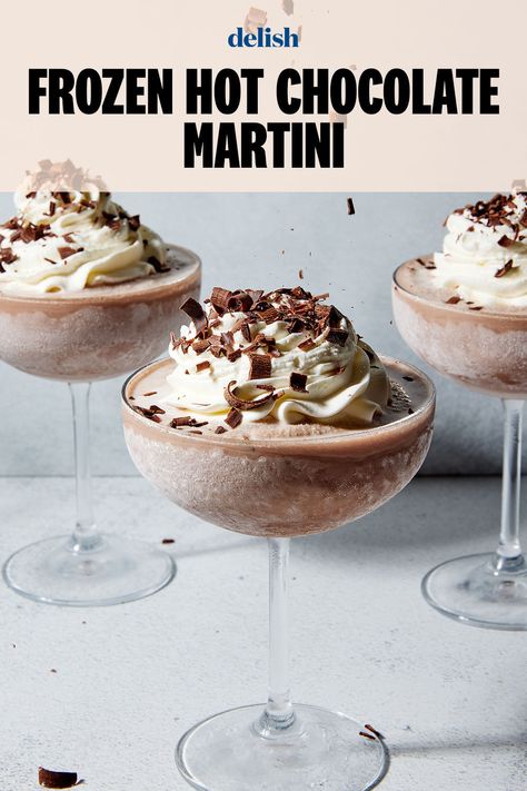 A special winter treat. Frozen Chocolate Martini, Hot Chocolate Martini, Frozen Hot Chocolate Martini, Homemade Spirits, Alcoholic Recipes, Chocolate Martini Recipe, Shot Glass Desserts, Christmas Starters, Winter Cocktail