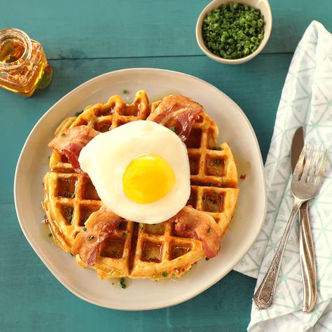 Cheddar Chive Waffles with Bacon and Fried Egg | Ready Set Eat Mexican Pizzas, Mexican Pizza Recipe, Ready Set Eat, Mexican Pizza, Hot Honey, Delicious Breakfast Recipes, Waffle Iron, Pancakes And Waffles, Pizza Recipe