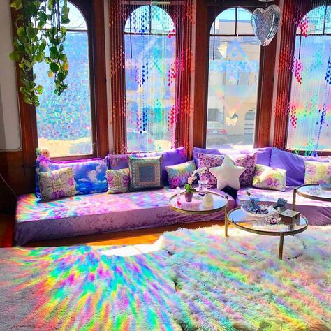 @the_spacequeen created this blissful space that even Lisa Frank would envy! #beadedcurtains #rainbowroom #moodboard #sanctuary Living Room Design Boho, Zen Den, Bohemian Furniture, Rainbow Room, Dull Colors, Lisa Frank, Living Room Windows, Boho Living, Boho Living Room