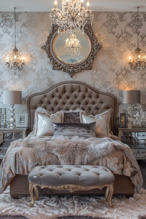 29 Chic Bedroom Ideas for a Stylish Sanctuary 17 Golden Bedroom Ideas, Contemporary Chic Bedroom, Hollywood Glam Bedroom, Opulent Decor, Chic Bedroom Ideas, Regency Bedroom, Creative Mirror, Vintage Inspired Bedroom, Mirror Decor Ideas