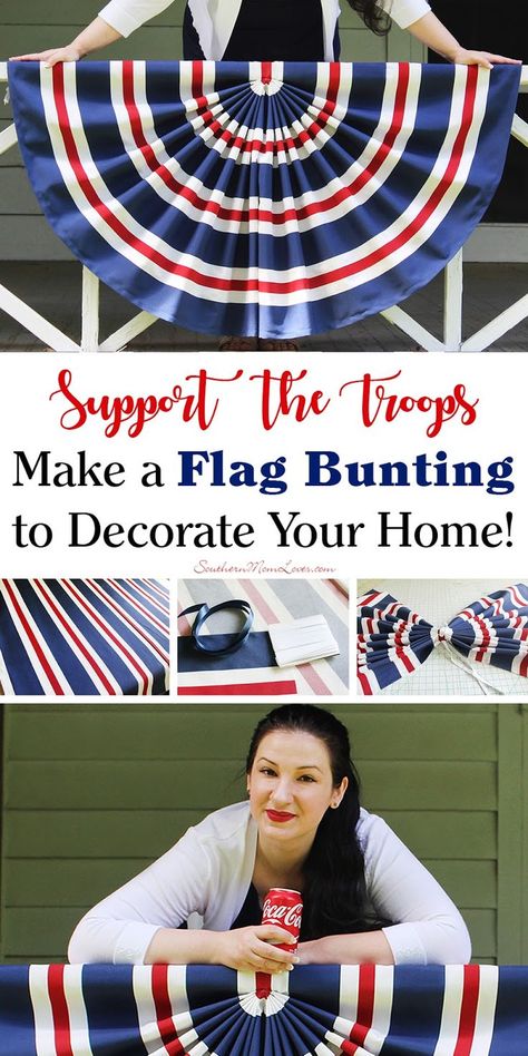 Flag Bunting Diy, Flag Bunting On House, Diy Patriotic Bunting, Porch Bunting, How To Make Bunting, Diy Bunting, Patriotic Bunting, Bunting Diy, Southern Mom