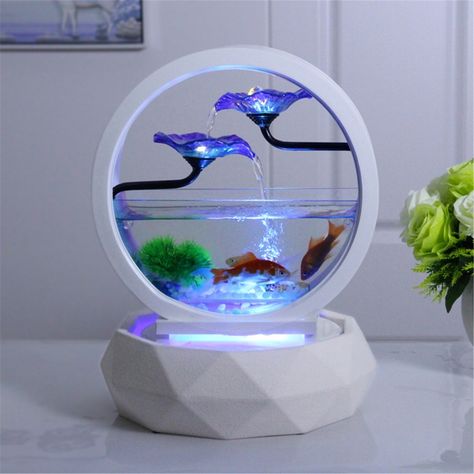 Round Fish Tank Ideas, Small Fish Tank Ideas, Small Aquarium Ideas, Small Aquarium Design, Aquarium Office, Water Fountain Ideas, Modern Aquarium, Desktop Water Fountain, Small Aquarium