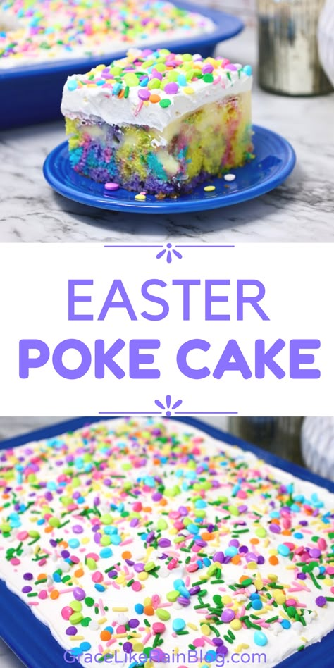 Easter Poke Cake is a delightful Easter dessert that is both easy and tasty. The bright and colorful cake with the cheesecake topping will delight your taste buds. For a unique festive appearance, garnish it with Easter sprinkles or your favorite Easter candies. Easter Poke Cake, Cheesecake Topping, Easter Candies, Easter Dessert Ideas, Easter Deserts, Cake Mix Ingredients, Easy Easter Desserts, Colorful Cake, Easter Dishes