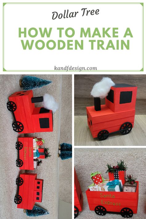 Make your own wood train from Dollar Tree items. It is simple and easy to make. Really make it your own with your paint job. Train Christmas Decorations, Wood Crate Projects, Dollar Tree Wood Christmas Crafts, Dollar Tree Crafts Diy Projects Simple, Dollar Tree Crate Crafts Christmas, Dollar Tree Truck Diy, Christmas Train Craft, Train Diy, Diy Train Decor