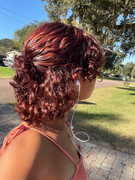 Red Hair Ideas For Curly Hair, Ginger And Black Curly Hair, Dyed Curly Hair Aesthetic, Red Curly Hair Ideas, Cute Short Curly Hairstyle Ideas, Short Curly Hair Red Highlights, Dyed Curly Hair Short, Curly Hair Red Dye, Red Hair Short Curly