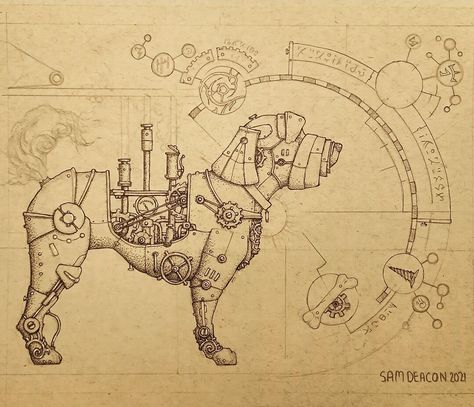 Mechanical Style Art, Steampunk Blueprints, Steam Punk Drawing, Steampunk Art Illustration, Dog Ink Drawing, Steampunk Drawings, Steampunk Line Art, Mechanical Dog Art, Steampunk Animals Drawing