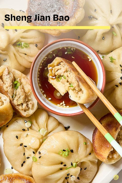 Learn how to make, fill, and pleat these traditional Chinese pan-fried pork buns in the comfort of your home. Pork Buns Recipe, Sheng Jian Bao, Scallions Recipes, Pork Meals, Pan Fried Dumplings, Sticky Pork, Pork Seasoning, Chinese Foods, Soup Dumplings