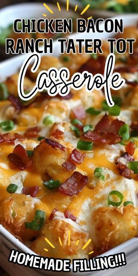 Chicken Bacon Ranch Tater Tot Casserole. This dish combines tender chicken, crispy bacon, and golden tater tots, all smothered in a creamy ranch sauce. It’s a delightful blend of flavors… Chicken Bacon Ranch Tater Tot Casserole, Bacon Ranch Tater Tot Casserole, Ranch Tater Tot Casserole, Creamy Ranch Sauce, Casserole Dish Recipes, Tater Tot Recipes, Bacon Casserole, Ranch Sauce, Tater Tot Casserole Recipes