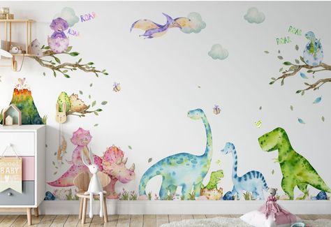 202 Elements Large Dinosaur Wall Decals Set for Kids Bedroom | Etsy Dino Room Ideas, Dinosaur Toddler Room, Dinosaur Theme Bedroom, Dinosaur Themed Bedroom, Dinosaur Mural, Baby Dinosaur Nursery, Bedroom Theme Ideas, Dinosaur Decals, Dino Nursery