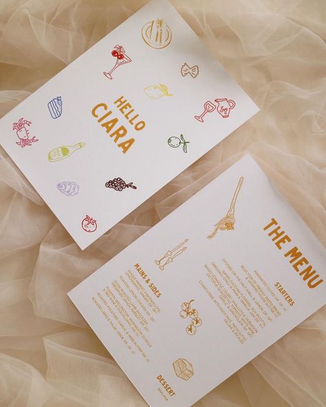 Elle Creative Studio | Mads & Scott’s vision was fun, bright and colourful and I think we all nailed the brief! I’m so happy with how these menus x place cards… | Instagram Diner Menu, 21 Diner, Zucchini Flowers, Menu Card Design, Menu Designs, Wedding Moodboard, Quirky Wedding, Decor Details, Design Grafico