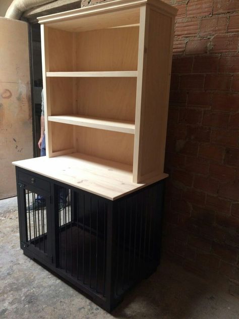 Dog Crate Door Diy, Dog Kennel In Office, Dog Kennel Bookshelf, Dog Crate Cupboard, Built In Dog Crate Next To Fireplace, Dog Crate Credenza, Dog Crate Office, Dog Bed Bookshelf, Homemade Dog Crate Furniture