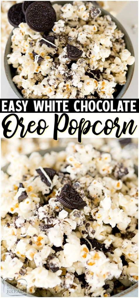 Popcorn White Chocolate, Dessert Popcorn, Oreo Popcorn, Popcorn Dessert, Popcorn Butter, Flavored Popcorn Recipes, Gift Recipes, Chocolate Covered Popcorn, White Chocolate Oreos