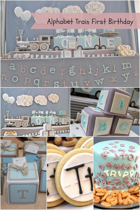 cake Train First Birthday, Alphabet Birthday Parties, Abc Birthday Parties, Alphabet Party, Alphabet Birthday, Alphabet Train, Trains Birthday Party, Birthday Themes For Boys, Train Birthday