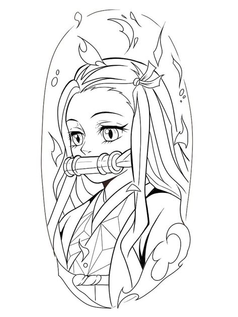 Demon Slayer Traceable, Nezuko Kamado Tattoo Design, Nezuko Outline Drawing, Nezuko Tattoo Stencil, Nezuko Stencil, Nezuko Outline, Demon Slayer Tattoo Nezuko, Anime Tattoo Outline, Nezuko Coloring Page