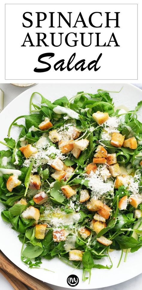 Top view of this spinach arugula salad over a white plate. Arugula Salad Dressing, Arugula Recipes, Arugula Salad Recipes, Spinach Salad Recipes, Fresh Salad Recipes, Lemon Yogurt, Yogurt Dressing, Cheap Dinner Recipes, Spinach Recipes