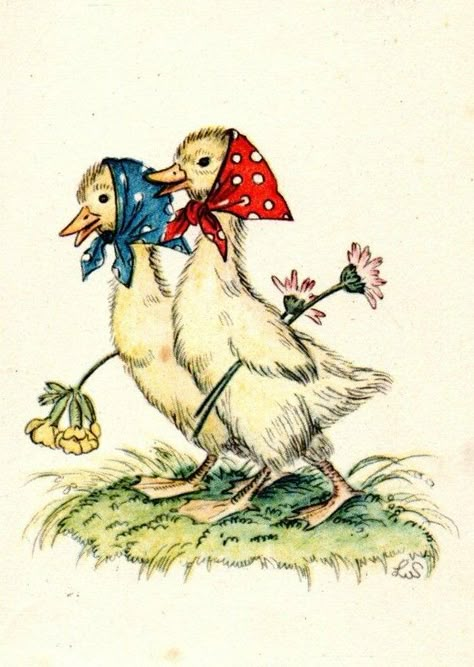 Vintage Spring Illustration, Geese Art, Easter Illustration, Chicken Painting, Spring Animals, Storybook Art, Cottage Art, Baby Ducks, Bunny Art