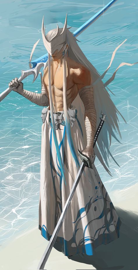 Monster Hunter Art Character Design, Filipino Character Design, Males With Long Hair, Japanese Character Design Male, White Hair Male Character Design, Air Character Design, Ice Character Design Male, White Haired Character Design, King Pose Reference