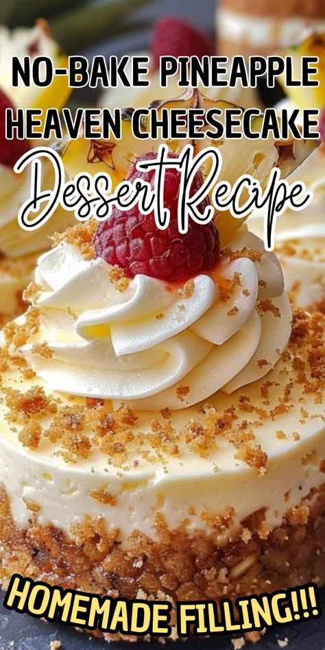 No-Bake Pineapple Heaven Cheesecake Dessert No Bake Pineapple Mousse Cheesecake, No-bake Pineapple Heaven Cheesecake Dessert, Jello No Bake Cheesecake Box Recipes, Mini Pineapple Cheesecake, Pineapple Heaven Cheesecake, Pineapple Cheesecake No Bake, No Bake Cheesecake Desserts, No Bake Pineapple Cheesecake, Pineapple Dessert Easy