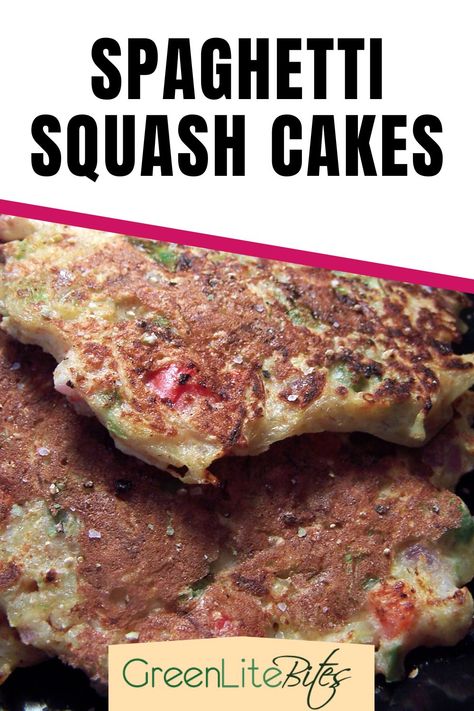 spaghetti squash cakes pin Leftover Squash, Squash Cakes, Cake Calories, Cooking With Olive Oil, Vegetarian Cooking, Summer Squash, Spaghetti Squash, Sweet Onion, Stuffed Green Peppers