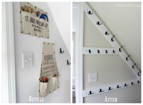 Gatehouse Inspired Entryway Makeover $100 Room Challenge Stairway Coat Storage, Stairwell Coat Hooks, Coat Hooks Under Stairs, Understairs Closet, Under Stairs Cupboard Storage, Stairway Makeover, Cat Closet, Stairway Storage, Basement Stairway