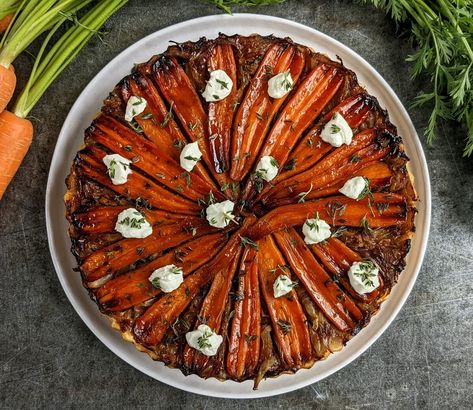 Carrot tarte tatin (upside-down carrot tart) recipe / Riverford Savoury Tarte Tatin Recipe, Savory Tart Tatin, Savory Tart Recipes, Carrot Tart, Tomato Tarte Tatin, Tart Tatin, Central Cafe, Tarte Tatin Recipe, Christmas Canapes