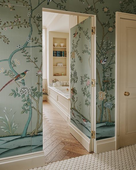 Salvesen Graham, Gracie Wallpaper, Victorian Apartment, Wallpaper Door, Primary Bathroom, London Flat, Hidden Door, London Apartment, Interior Projects