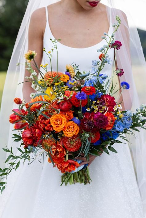 Blue Red Orange Wedding Flowers, Trader Joe Wedding Bouquet, Colorful Flowers Wedding Decoration, Red Yellow Blue Wedding Flowers, Wedding Bouquet Bright Colors, Bright Flower Bouquet Wedding, Czech Wedding Traditions, Primary Color Flower Arrangements, Bold Flower Bouquet