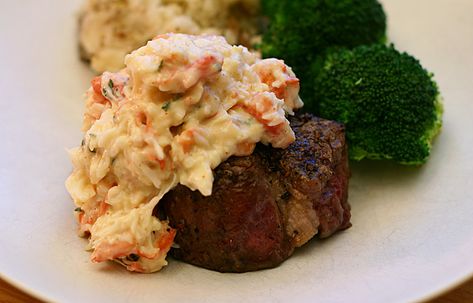 Surf And Turf Recipes Crab, Steak And Crab Meat Recipes, Steak Neptune Recipe, Steak With Crab Meat Topping, Crab Topping For Steak, Crab Sauce For Steak, Steak Oscar With Crab, Crab Meat Sauce, Crab Oscar