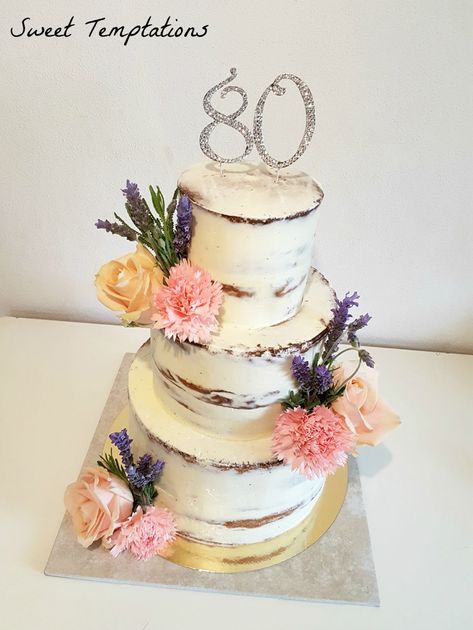 Seminaked Birthday Cake Cake for my grandma's 80th birthday.Seminaked with real flowers . Easy 70th Birthday Cake Ideas, 80th Birthday Cake For Grandma, Birthday Cake Flowers, Rustic Birthday Cake, Grandma Cake, 80 Birthday, Birthday Cake Cake, 90th Birthday Cakes, Birthday Cake For Mom