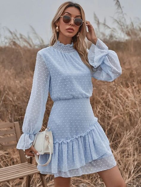 Elegant Blue Dress, Outfit Elegantes, Ruffle Hem Dress, Flounce Sleeve, Styl Boho, Looks Chic, Vintage Elegant, Dresses Women, Types Of Dresses