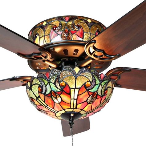 Tiffany Style Stained Glass Halston Ceiling Fan - Spice - 52"L x 52"W x 19"H - 52"L x 52"W x 19"H - Bed Bath & Beyond - 16105878 Tiffany Ceiling Fan, Stained Glass Ceiling, Ceiling Fan Makeover, Tiffany Style Lighting, Stained Glass Light, Tiffany Stained Glass, White Light Bulbs, Vintage Tiffany, Flush Mount Ceiling Fan