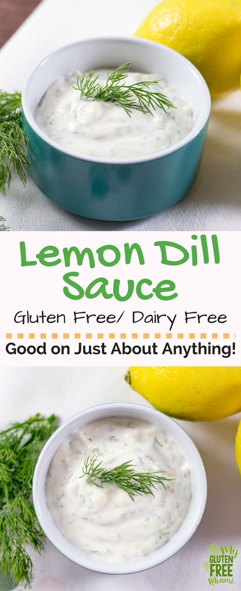 Both gluten free and dairy free, this lemon dill sauce is a flavor combo that will add a wow factor to any dish. Perfect as a dipping sauce for fried fish or on top of salmon! Only takes 5 minutes to make with 5 ingredients. No cooking required! via @GLUT Sauce For Fried Fish, Dill Sauce For Salmon, Lemon Dill Sauce, Dill Dip, Sauce For Salmon, Dip Sauce, Lemon Dill, Dill Sauce, Easy Meal Ideas