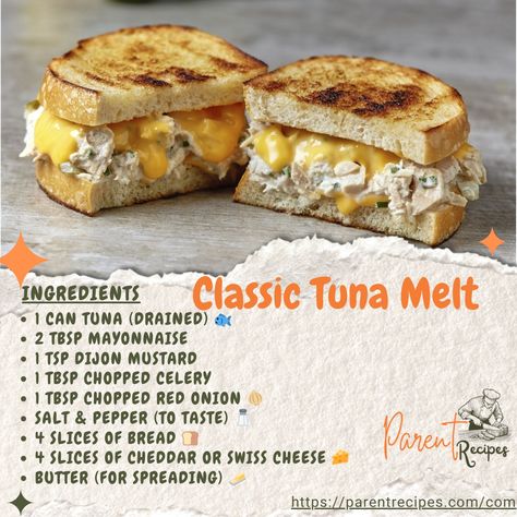 🧀 **Classic Tuna Melt** Craving a quick, cheesy sandwich? This **Classic Tuna Melt** is the perfect comfort food, combining creamy tuna with melted cheese on toasted bread for a satisfying meal! 🥪 **Ingredients:** - 1 can tuna (drained) 🐟 - 2 tbsp mayonnaise - 1 tsp Dijon mustard - 1 tbsp chopped celery - 1 tbsp chopped red onion 🧅 - Salt & pepper (to taste) 🧂 - 4 slices of bread 🍞 - 4 slices of cheddar or Swiss cheese 🧀 - Butter (for spreading) 🧈 **Instructions:** 1. Preheat a skillet ove... Tuna Melts In The Oven, Tuna Ideas, Classic Tuna Melt, Can Tuna, Tuna Melt Sandwich, Cheesy Sandwich, Tuna Mayo, Tuna Melt, Tuna Sandwich