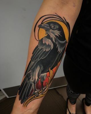 Tattoo Artist Matt Heinz| Bearcat Tattoo Gallery Neo Traditional Crow, Traditional Tattoo Crow, Jb Tattoo, Bae Tattoo, Black Crow Tattoos, Raven Tattoos, Colored Tattoos, Wizard Tattoo, Neo Tattoo